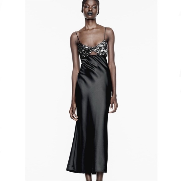 NWT Zara Festive Days Satin Sequin Top Thin Strap Black Slip Dress - Picture 1 of 14